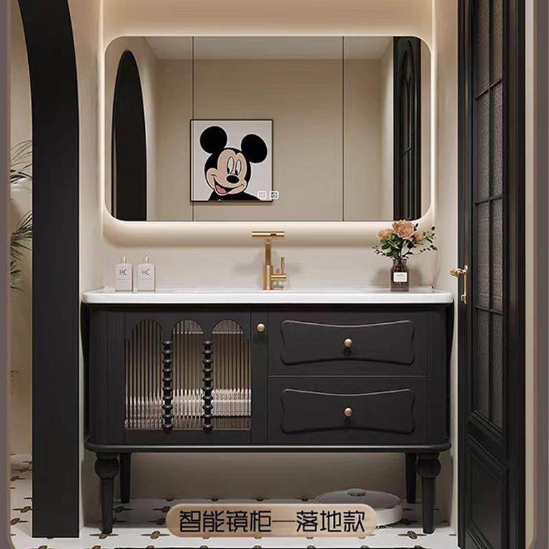 法式复古落地浴室柜组合陶瓷一体盆卫生间洗手池橡木美式洗漱台盆