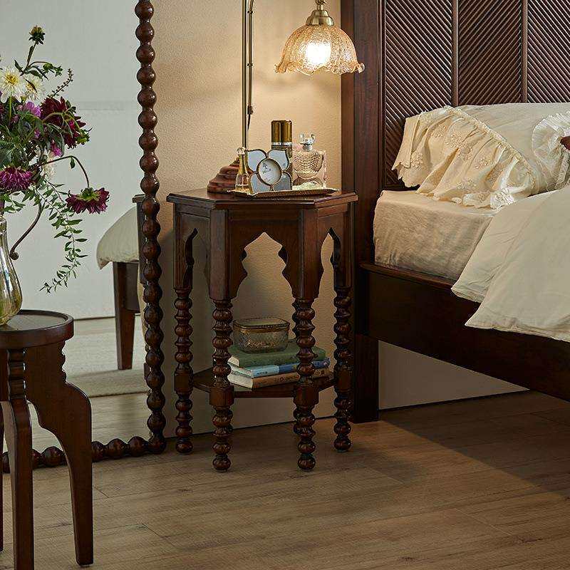 复古美式实木床头柜卧室镂空六角茶几简约客厅置物边几角储物柜
