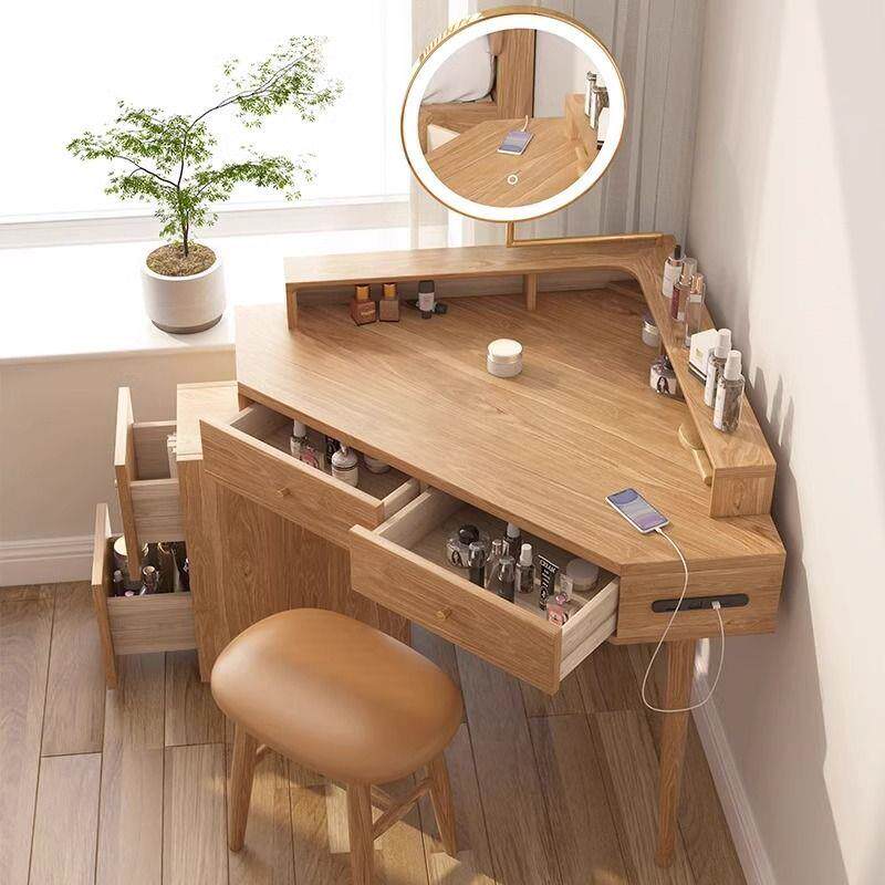 全实木化妆桌日式家用北欧收纳小户型卧室原木现代简约转角梳妆台