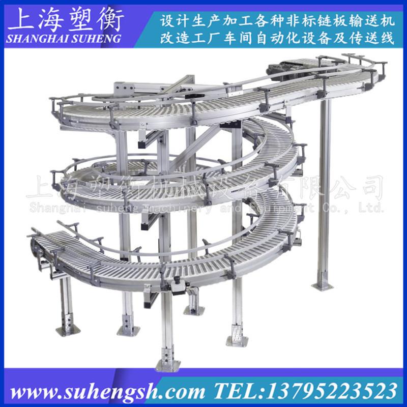 140-175-295平板防滑柔性链螺旋输送机转弯链板线缓存输送线