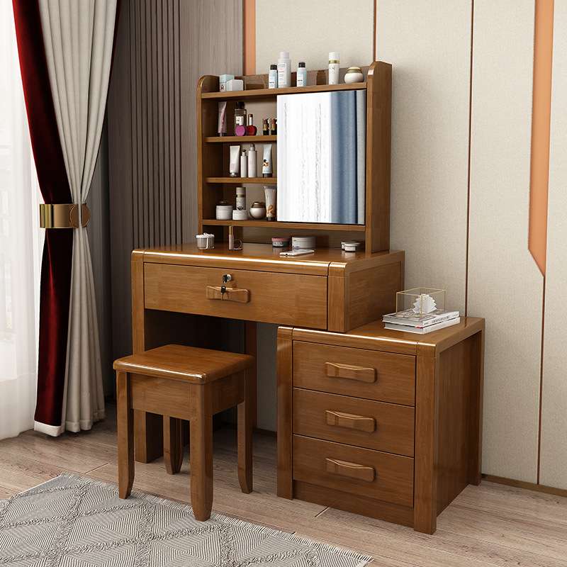 中式实木梳妆台收纳柜一体现代简约多功能卧室小户型化妆桌隐藏镜