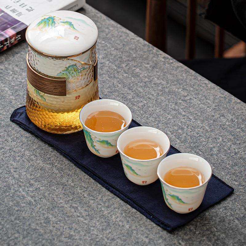 牛年陶瓷旅行茶具便携式旅行茶具套装一壶三杯玻璃茶壶可可印LOGO