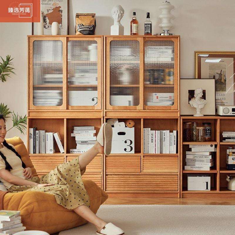日式实木书柜书架家用樱桃木客厅落地防尘玻璃储物柜置物架组合柜