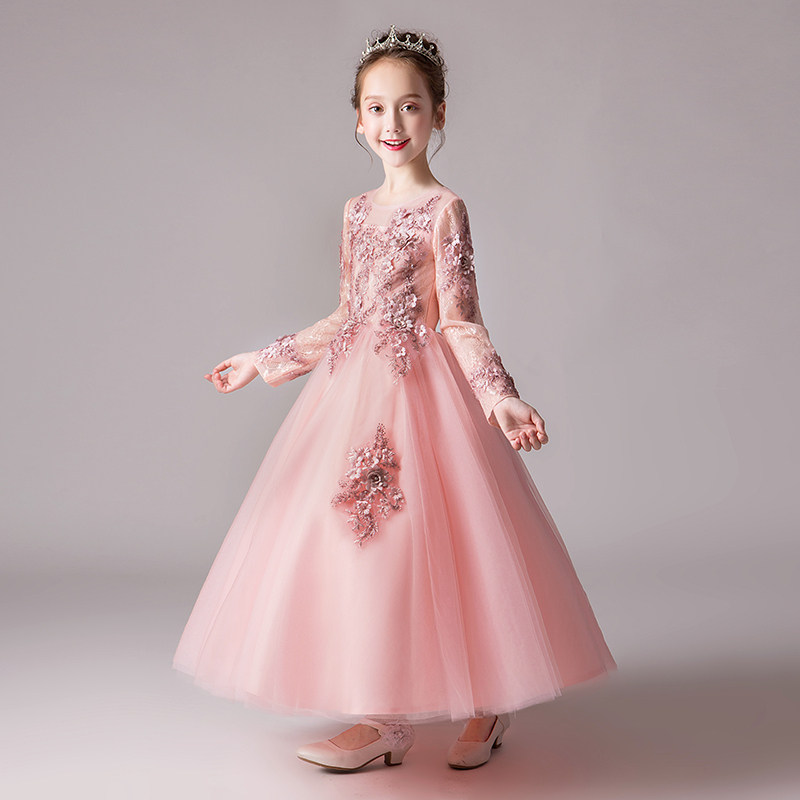 女童礼服粉色公主裙生日花童婚纱儿童小主持人钢琴演出服表演秋冬