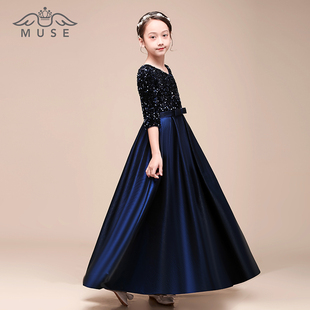 女童高端礼服公主裙中长袖钢琴演奏礼服裙儿童朗诵小主持人演出服