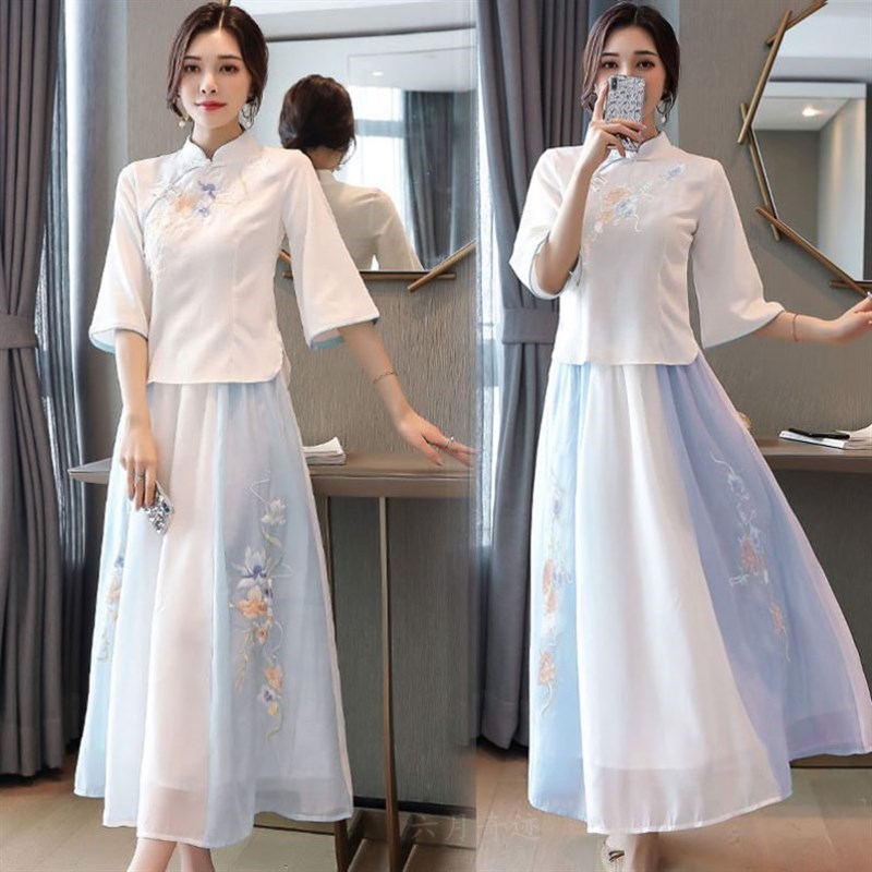 春季气质古装汉服女中国风清新改良唐装古风采耳工作服茶艺服装夏