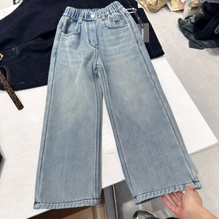 女大童加绒牛仔裤24冬装新款儿童一体绒洋气直筒裤女童窄版阔腿裤