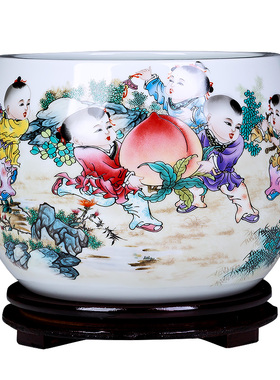 景德镇陶瓷器五子登科聚宝盆中式玄关酒柜家居客厅装饰工艺品摆件
