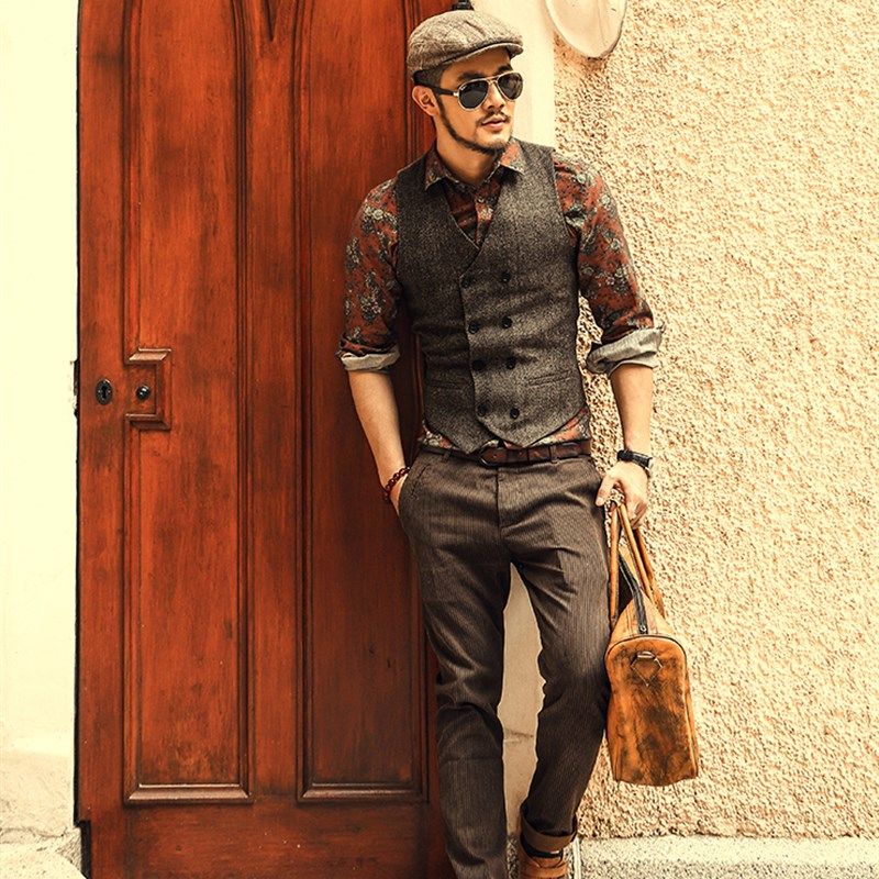 秋冬英伦复古加大码修身西装 马甲 男款人字呢双排扣型男毛呢马夹