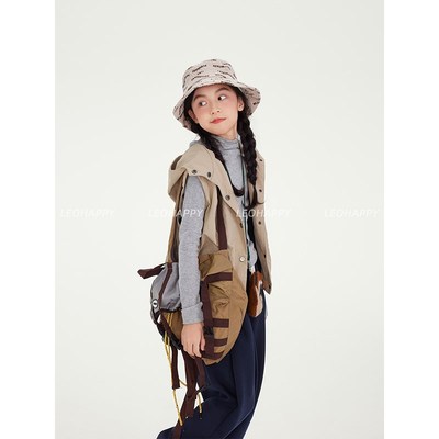 LEOHAPPY女童马甲春秋款儿童银狐绒花苞下摆戴帽外套大童休闲上衣