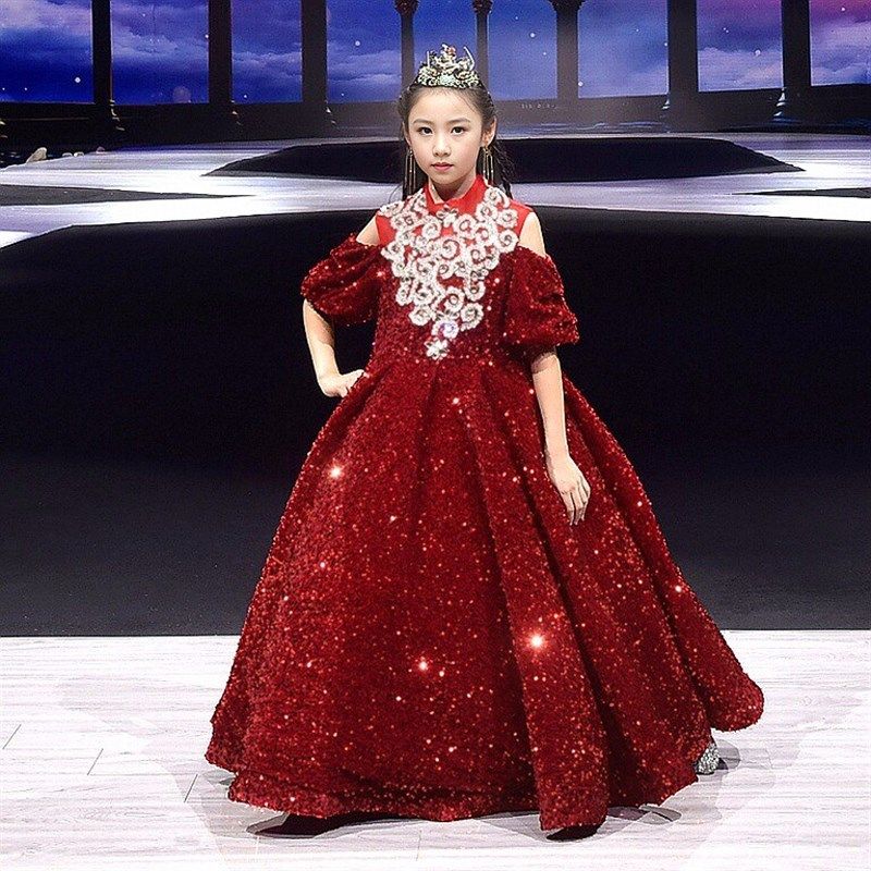 女童礼服公主裙高端红色儿童走秀舞台年会晚礼服主持人朗诵演出服