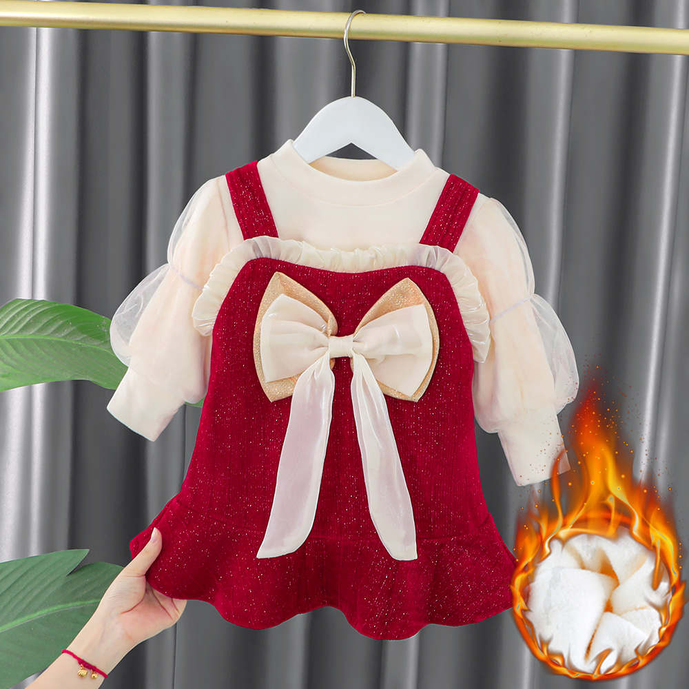 女童冬季加绒连衣裙婴儿鱼尾裙套装两件套儿童冬装周岁女宝宝礼服