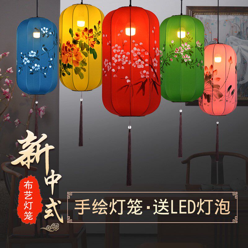 中式布艺灯笼定制彩色手绘中国风长冬瓜餐厅饭店商场婚庆装饰吊灯
