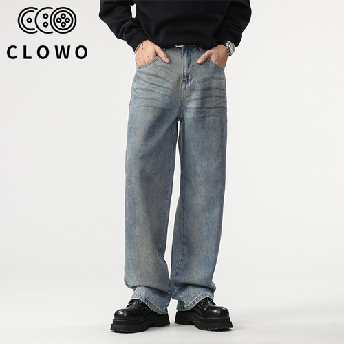 CLOWO浅色宽松直筒牛仔裤