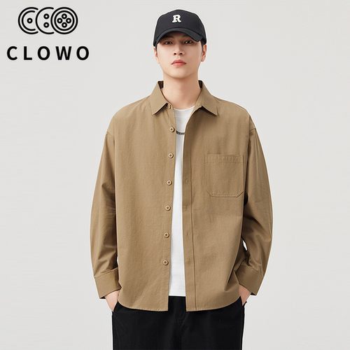CLOWO纯棉宽松工装长袖翻领衬衫