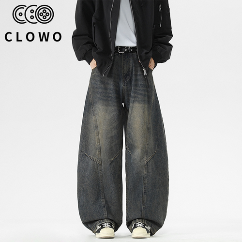 CLOWO弯刀阔腿宽松男士牛仔裤