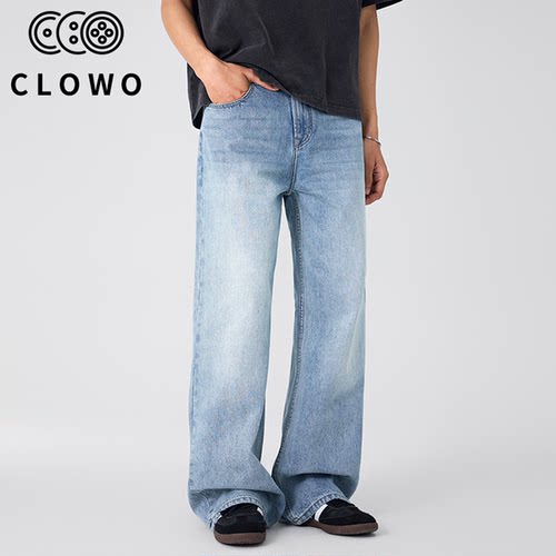 CLOWO美式水洗直筒牛仔裤