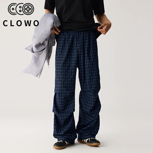 CLOWO水洗格子显瘦直筒工装裤男