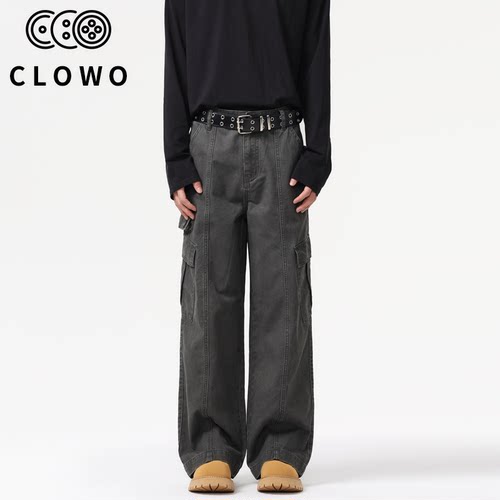 CLOWO高街做旧宽松直筒工装裤男