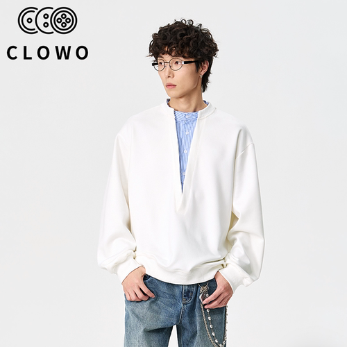 CLOWO美式复古拼接假两件V领卫衣