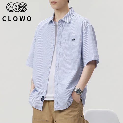 CLOWO条纹宽松薄款短袖衬衫