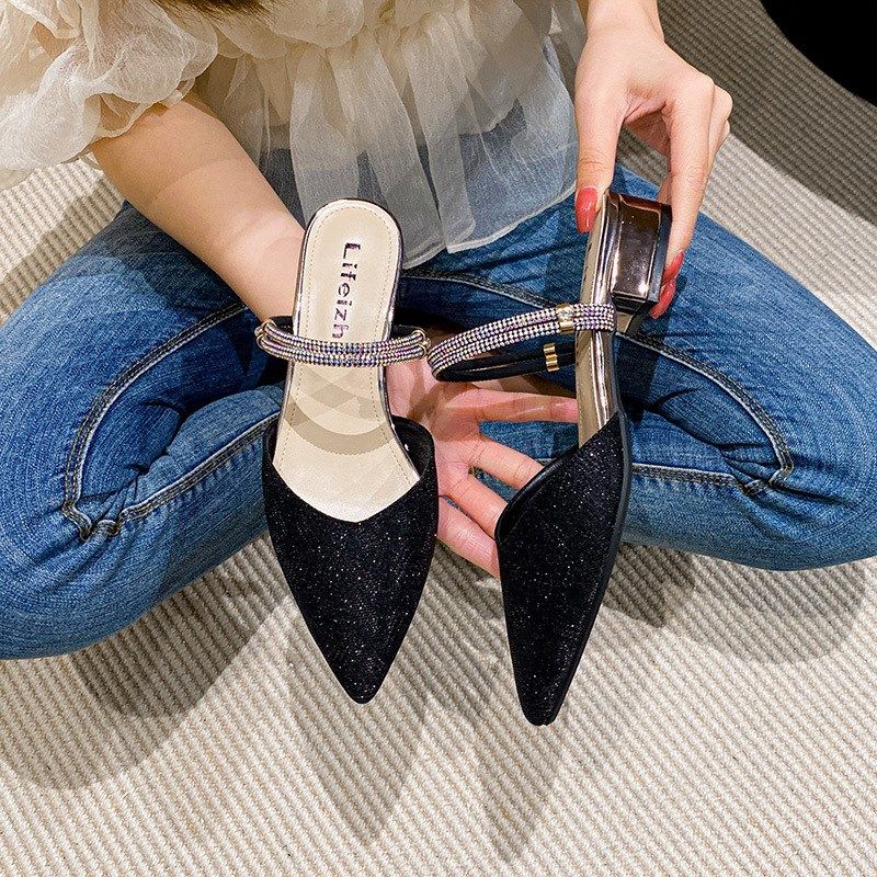 粗跟包头半拖鞋女夏外o穿水钻闪亮凉拖低跟气质尖头大码凉鞋41一4,女鞋,包头拖,淘宝优惠券,粉丝福利购,淘宝优惠卷