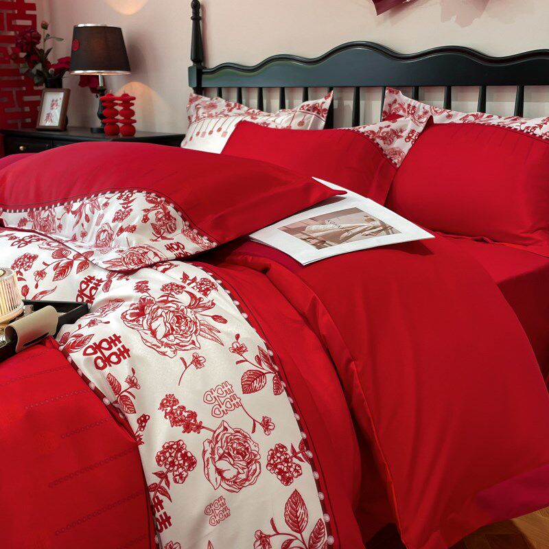 简约结婚四件套大红色婚礼新婚被套婚O庆床上用品婚房陪嫁,床上用品,婚庆床品套件,淘宝优惠券,粉丝福利购,淘宝优惠卷