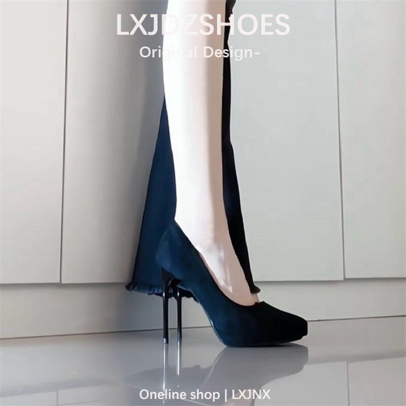 黑色防水b台高跟鞋女秋冬法式绒面尖头细跟厚底气质小个子不累脚