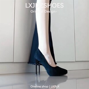 黑色防水b台高跟鞋女秋冬法式绒面尖头细跟厚底气质小个子不累脚