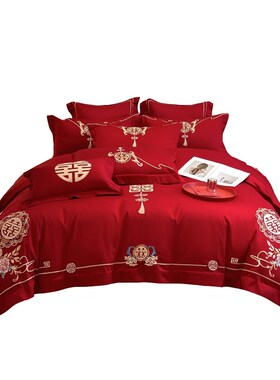 160支长绒棉结m婚四件套陪嫁被套红色全棉床单新婚庆床品8