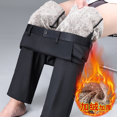 冬款爸爸加绒裤子中老年人加厚雪狐绒休闲裤男款中年男士西裤外穿