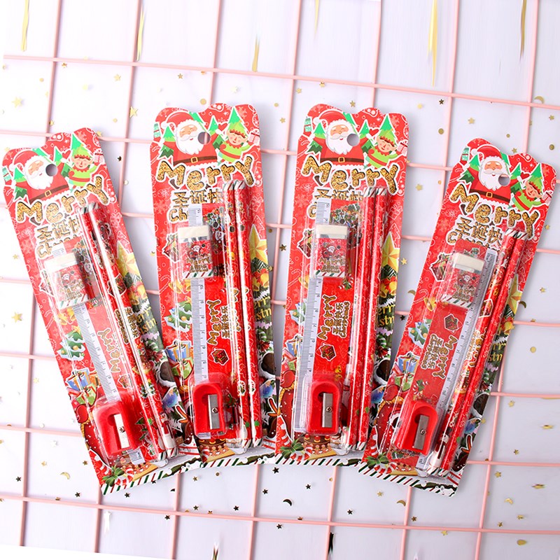 圣诞节文具套装礼盒学生学习用品圣诞老人创意礼品铅笔橡皮5件套