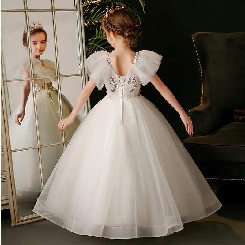 白色儿童长裙网纱宝宝礼服公主裙高端女童钢琴演出服洋气花童生日