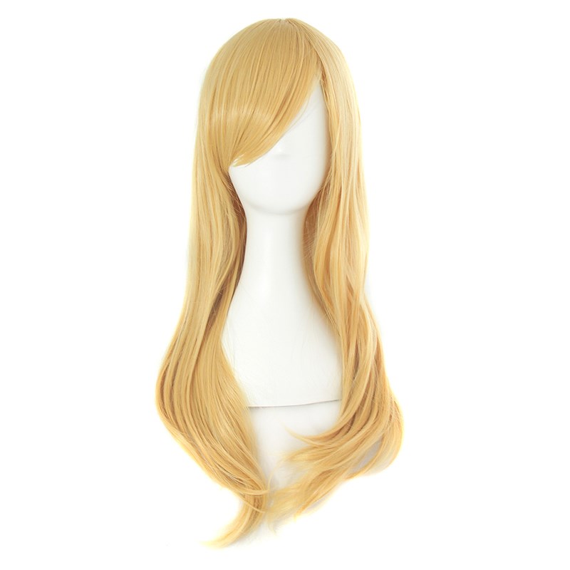 潼漫cos假发女长发60CM万用长直发微卷斜刘海小宫橙黄色动漫假毛