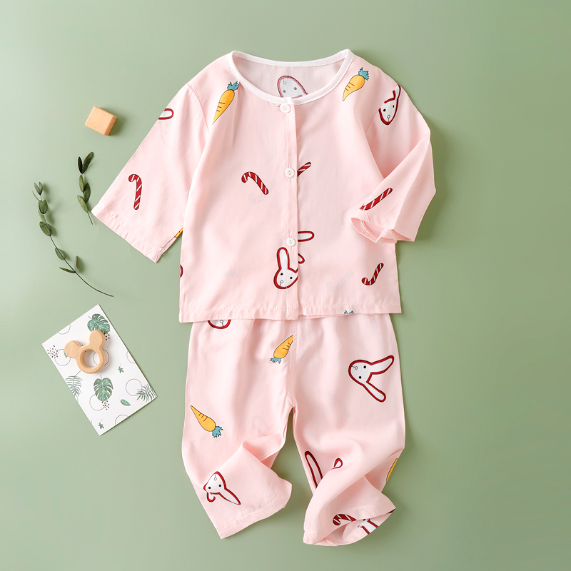 夏季婴儿棉绸套装女宝宝家居服夏装儿童睡衣男童空调服女童绵绸薄