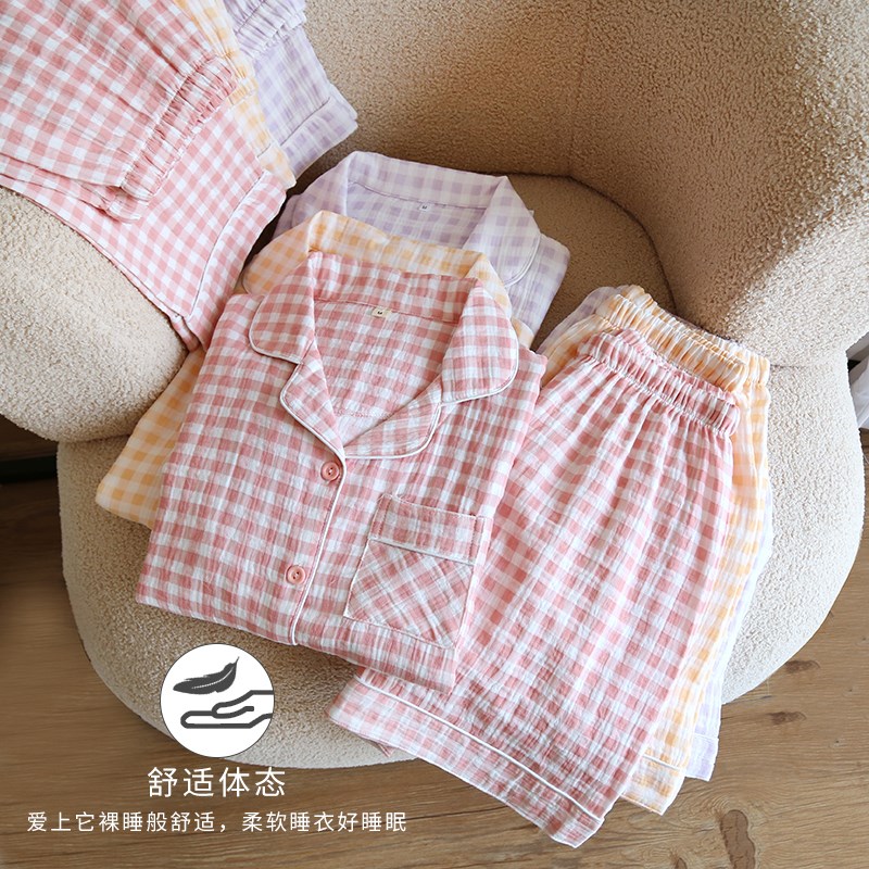 春夏全棉水洗棉纱3件套睡衣女小格子短袖长裤纯棉家居服橘子短裤