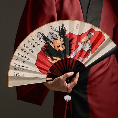 欧亚浦新款中国风钟馗折扇书法字工艺古风扇子文创绢扇国潮夏季