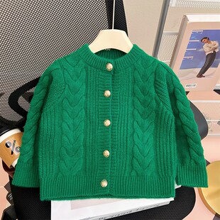 女童加厚毛衣春秋装2024新款洋气时髦小女孩儿童红色针织开衫外套