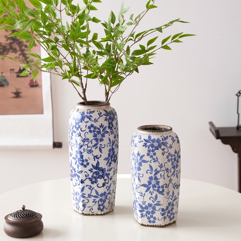 高级感新中式冰裂青花瓷复古花瓶摆件客厅玄关装饰品插花陶瓷花器