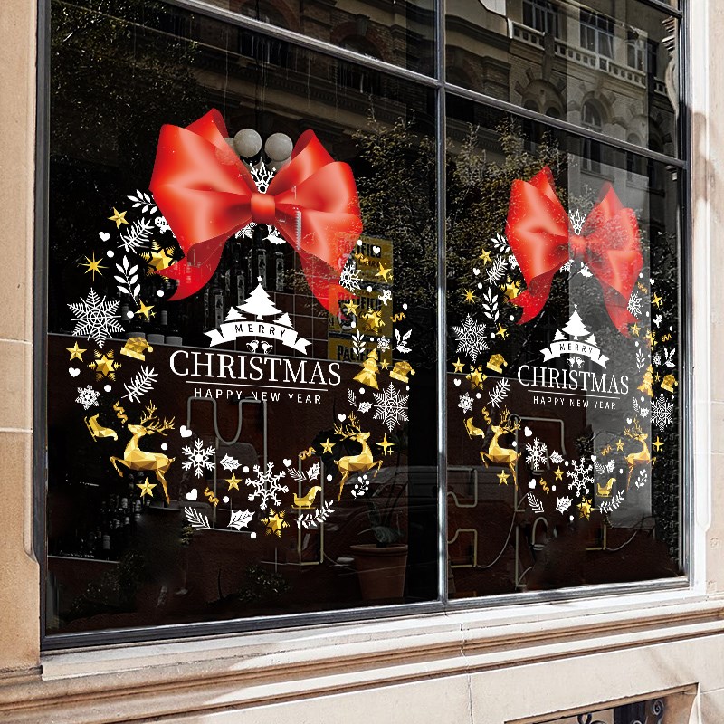 圣诞节玻璃门贴纸圣诞花环组合圣诞老人门贴圣诞快乐门贴