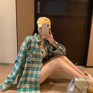 2024春秋宽松长袖 外穿女款 衬衣外套潮 撞色格纹拼接衬衫 庄大泥