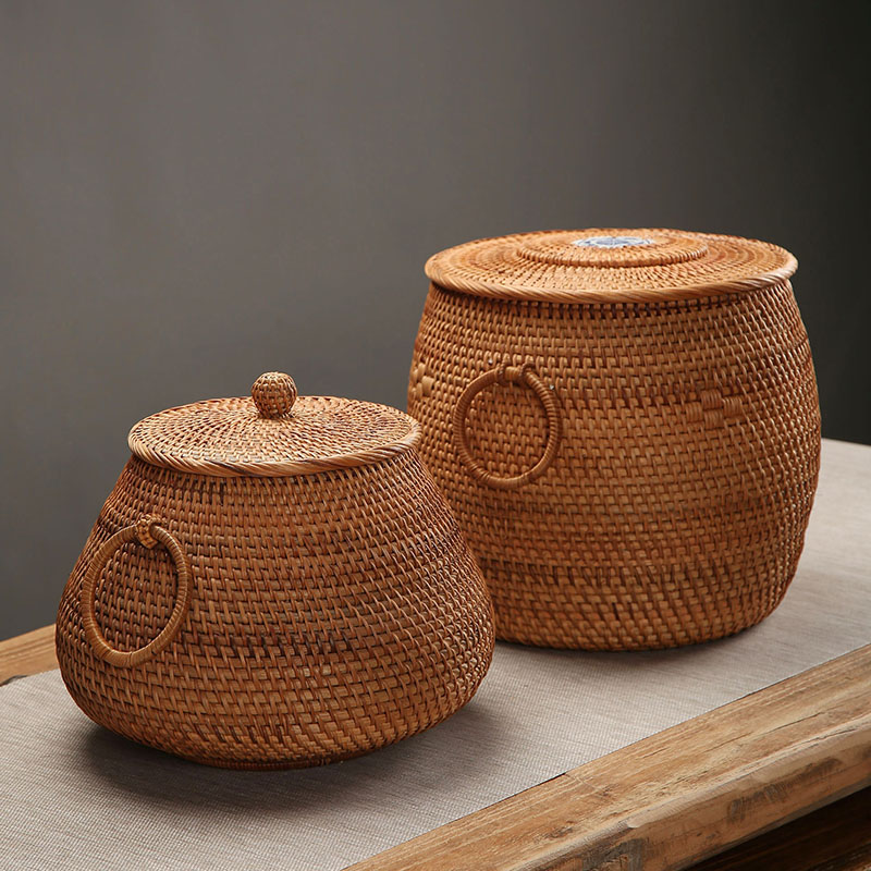 越南藤编收纳罐糖果盒大号储物盒创意编织零食篮干果盒存茶桶带盖
