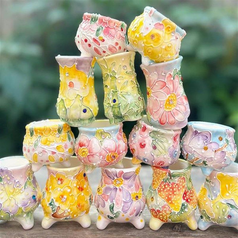 景德雕刻手绘镶钻濑户釉烧红陶土mini拇指可爱桃蛋奶冰玉花盆口34