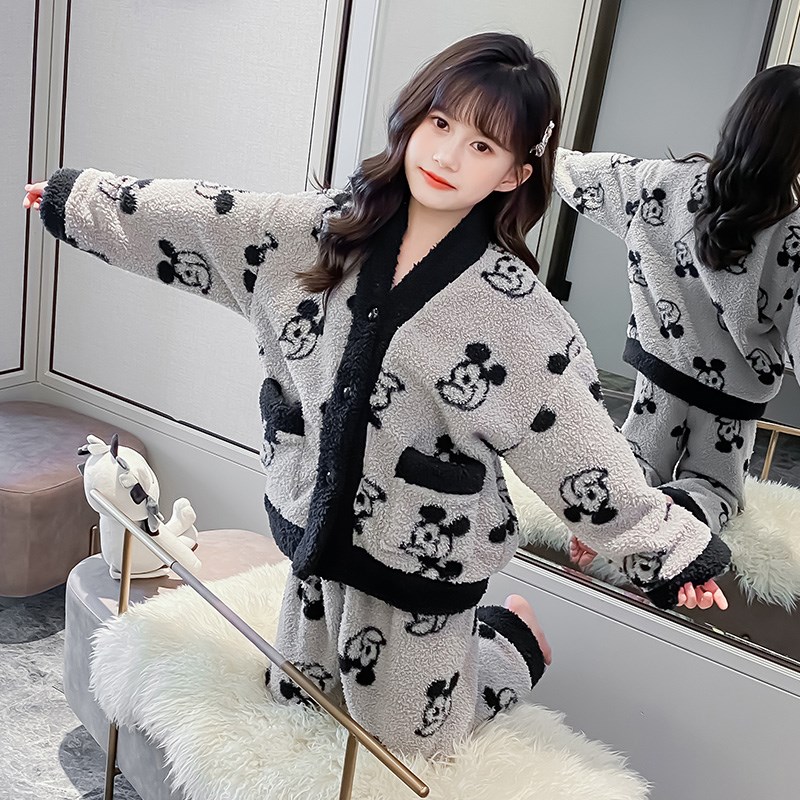 儿童女童睡衣秋冬法兰绒套装宽松亲子冬季女大童加厚家居服珊瑚绒