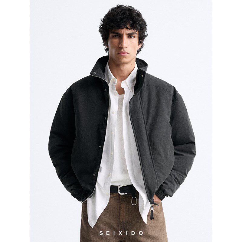 柜529!秋冬男装简约立领棉服夹克7627502 800宽松休闲黑色厚外套