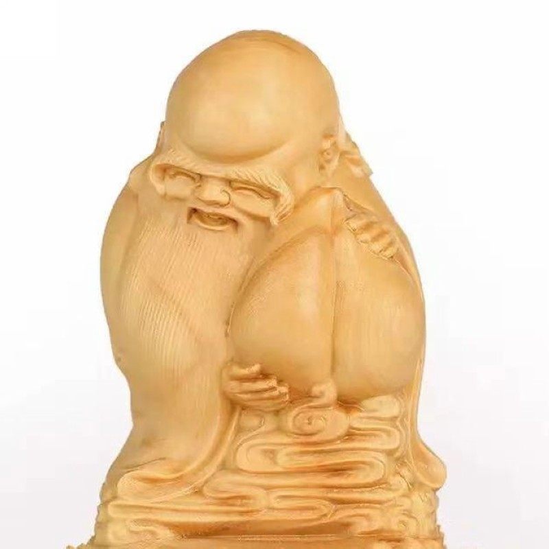 原色小叶黄杨木雕手把件小摆件上色彩绘雕刻工艺品抱桃寿星寿星公