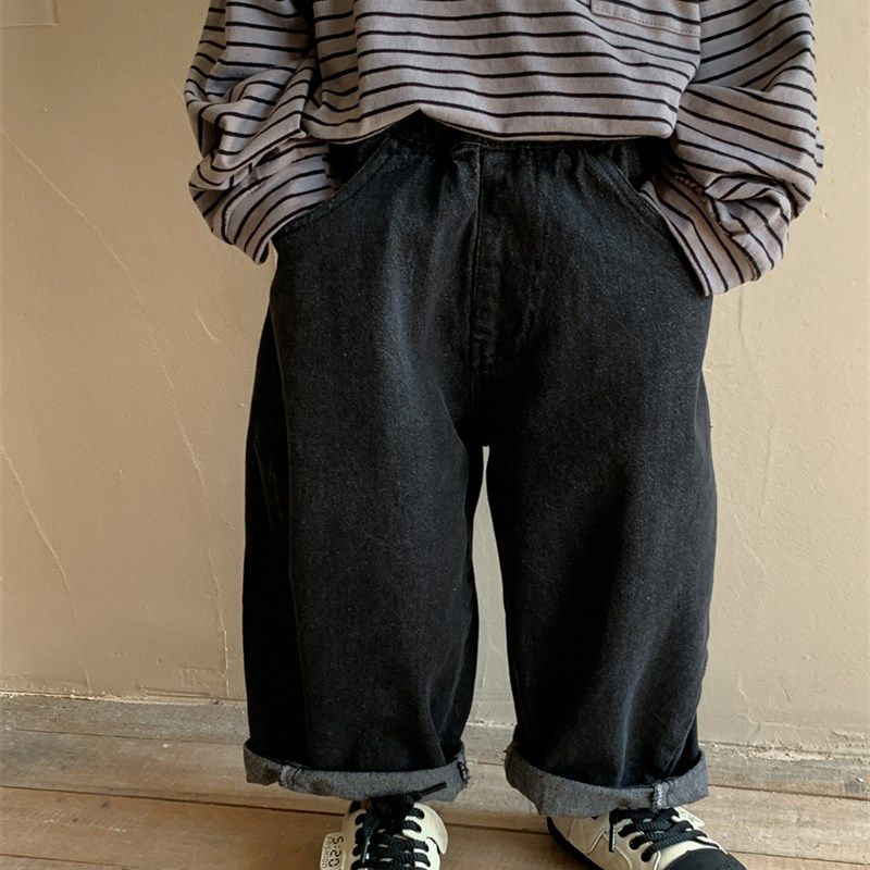 暮晨家新款秋装2023男童纯黑色棉质牛仔裤中小童宽松直筒裤阔腿裤