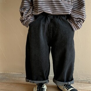 暮晨家新款秋装2023男童纯黑色棉质牛仔裤中小童宽松直筒裤阔腿裤