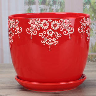 中国风红色花盆陶瓷带托盘 特大号个性创意多肉植物盆栽包邮