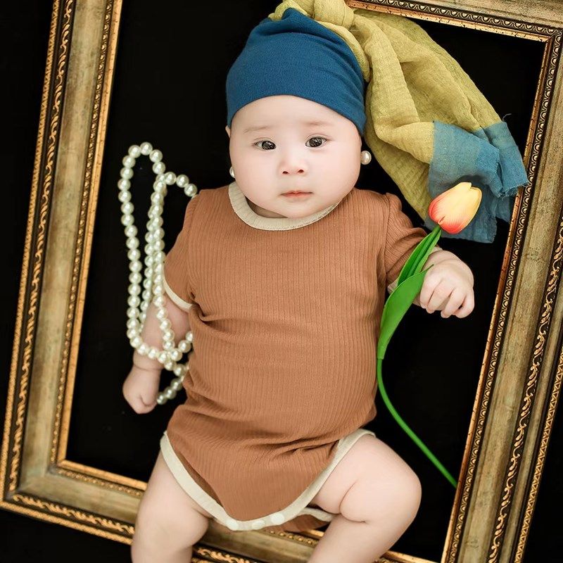 儿童摄影服装cos戴珍珠耳环的少女套装满月百天周岁照宝宝拍照衣